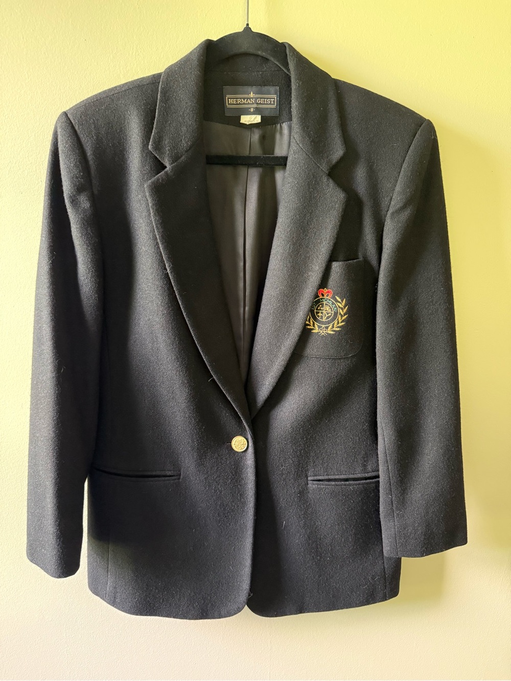 Vintage Herman Geist 100% Wool Black Crest Blazer Gold Button Oversized Boxy 8